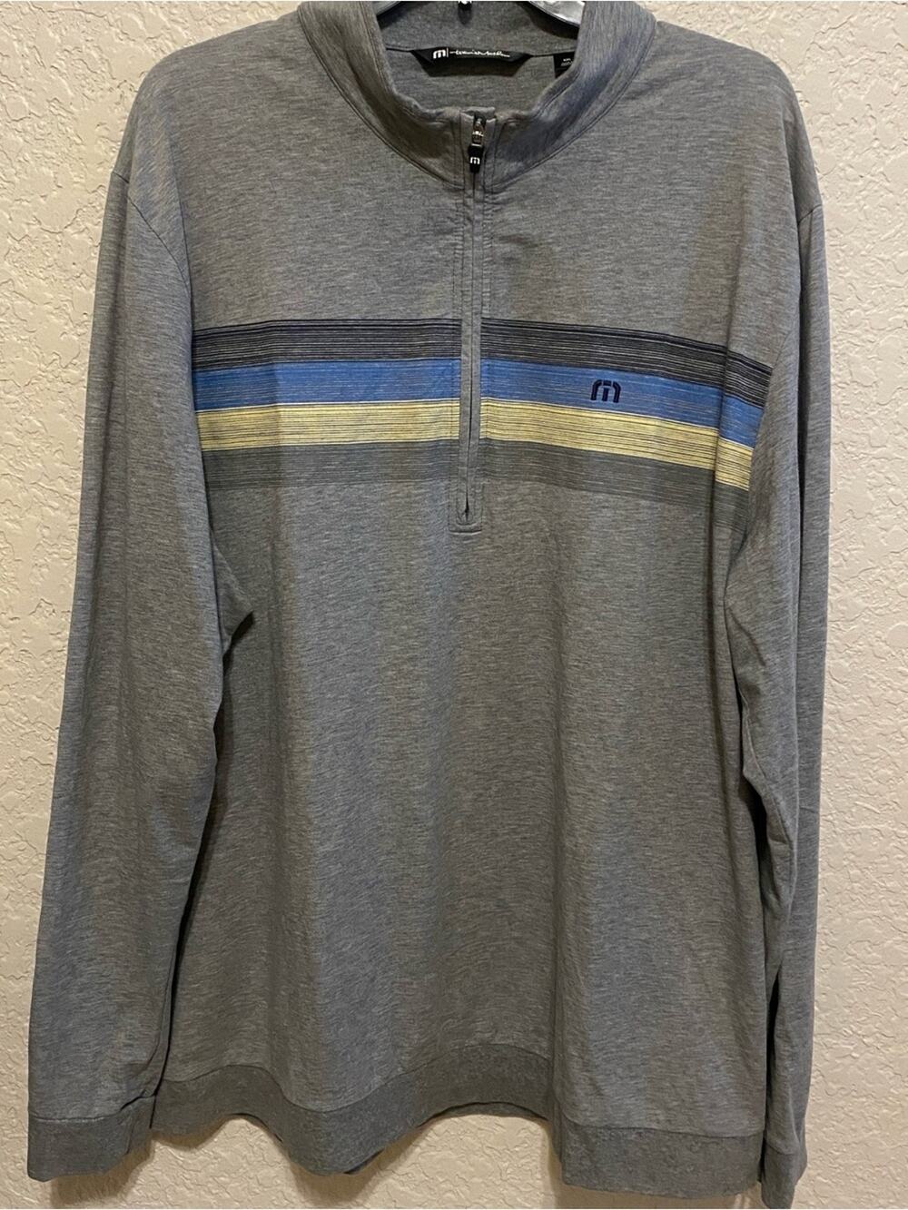 Travis Mathew Gray Half-Zip Pullover with Blue & Yellow Stripes Men's XXL